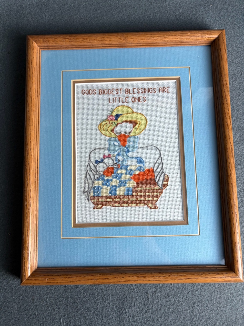 Vintage 1980s Framed Cross Stitch God’s Biggest Blessings Nursery Folk Art